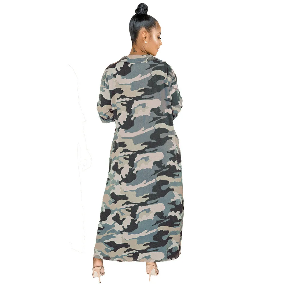 Womens longo maxi lantejoulas camisa de impressão vestidos solto namorado estilo botão feminino manga longa camo split vestido