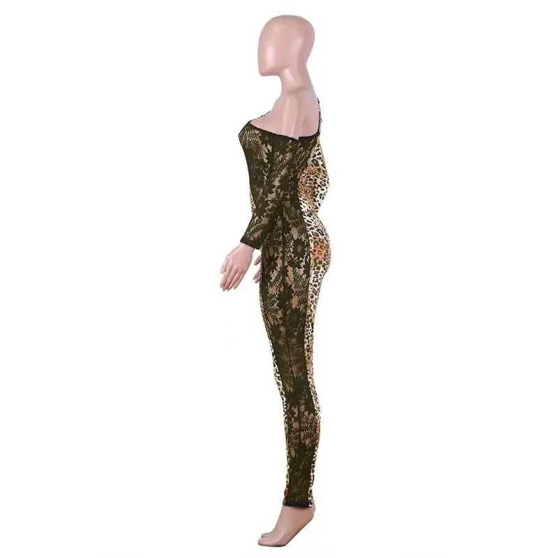 2020 Nieuwe Luipaard Print Lange Mouwen Herfst Vrouwen Jumpsuit Vrouwen Broek Bruin Kant Mode Slanke Dames Sexy Bodycon Jumpsuits