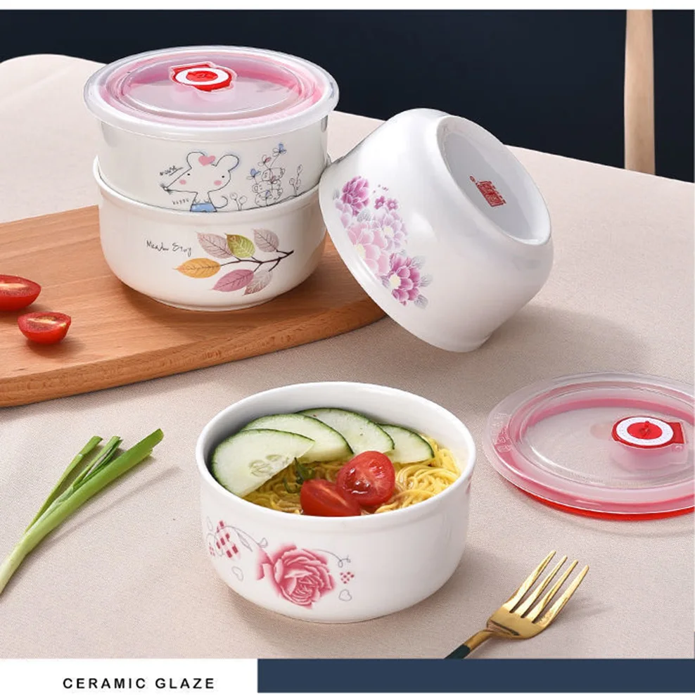 3-Piece Set Ceramic Fresh-Keeping Bowl With Lid For Microwave Oven Sealed Bowl Bone China Lunch Box For Home Kitchen