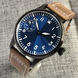 42mm Mechanical Hand Winding Men's Watch Blue Dial Asia 6497 Sapphire/Mineral Glass Silver/Bronze/Black PVD Case Leather Strap