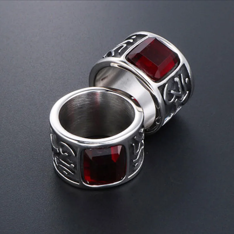 Vintage Men Six Words Mantra Red Stone Ring 316L Stainless Steel Biker Ring Om Mani Padme Hum Buddhist Jewelry Gifts For Him