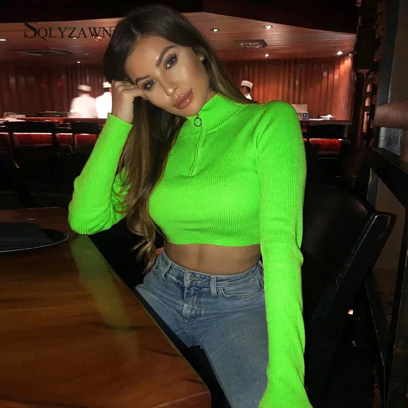 Neon Turtleneck Long Sleeve Sweater Crop Pullover Women Fall Streetwear Fluorescent Green Orange Pink Knitted Sexy Stripe Tops