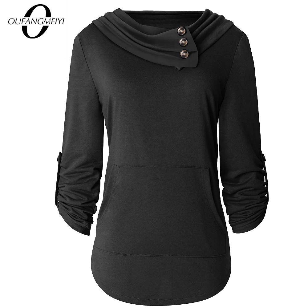 

Spring Women Classy Solid Color with Roll Up Sleeve Sweatshirt Casual Tees Tops 1ET046