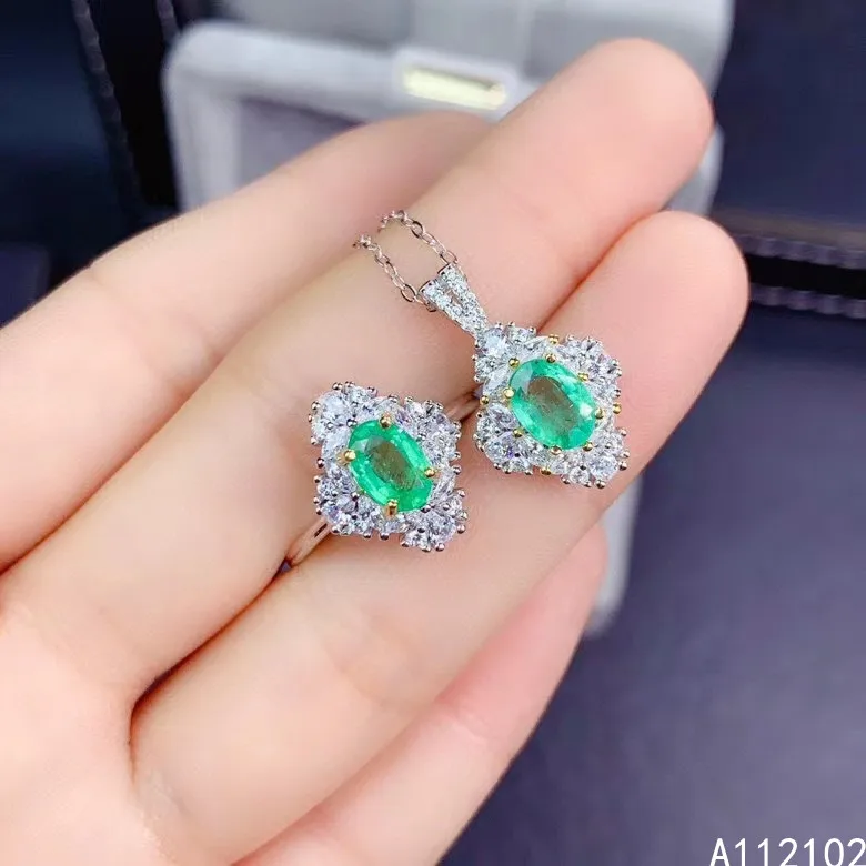 

KJJEAXCMY fine Jewelry 925 sterling silver inlaid natural Emerald new girl luxury pendant ring set support test Chinese style