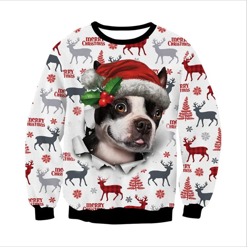 Men Women Xmas Sweatshirt 3D Christmas Dog Reindeer Snowflakes Print Holiday Party Jumper Top Pullover Ugly Christmas Sweater