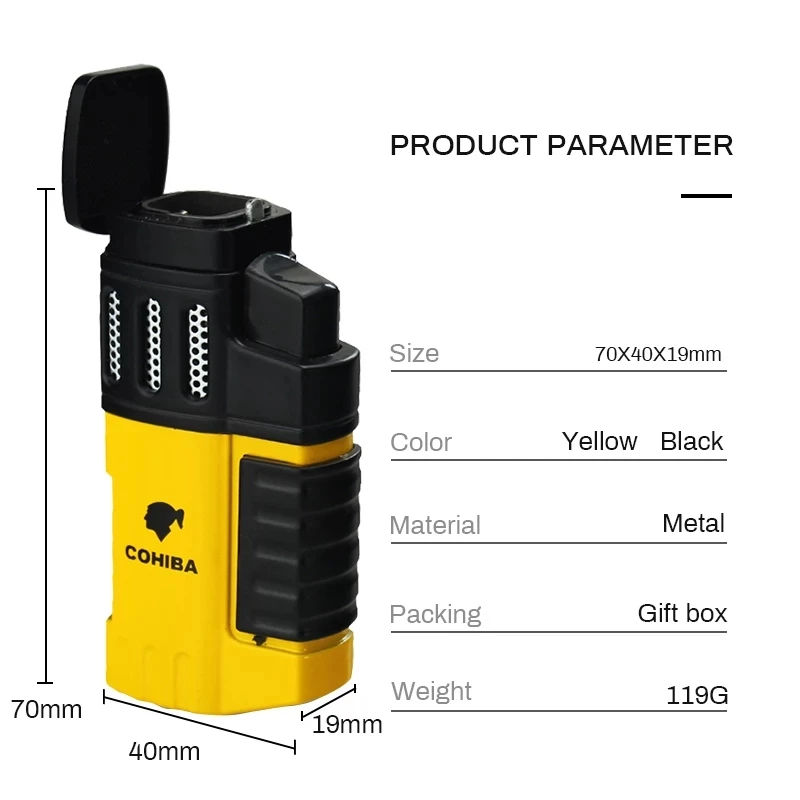 COHIBA Cigar Torch Lighter 4 Torch Jet Flame Refillable with Punch Smoking Accessories Tool for Smoking Portable Gas Lighter