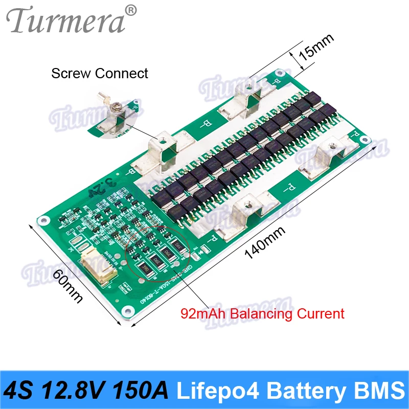 Turmera 4S 12,8 V 150A Lifepo4 BMS 92mA corriente de equilibrio para sistema de energía Solar de batería Lifepo4 de 3,2 V 100Ah 280Ah 310Ah o uso UPS