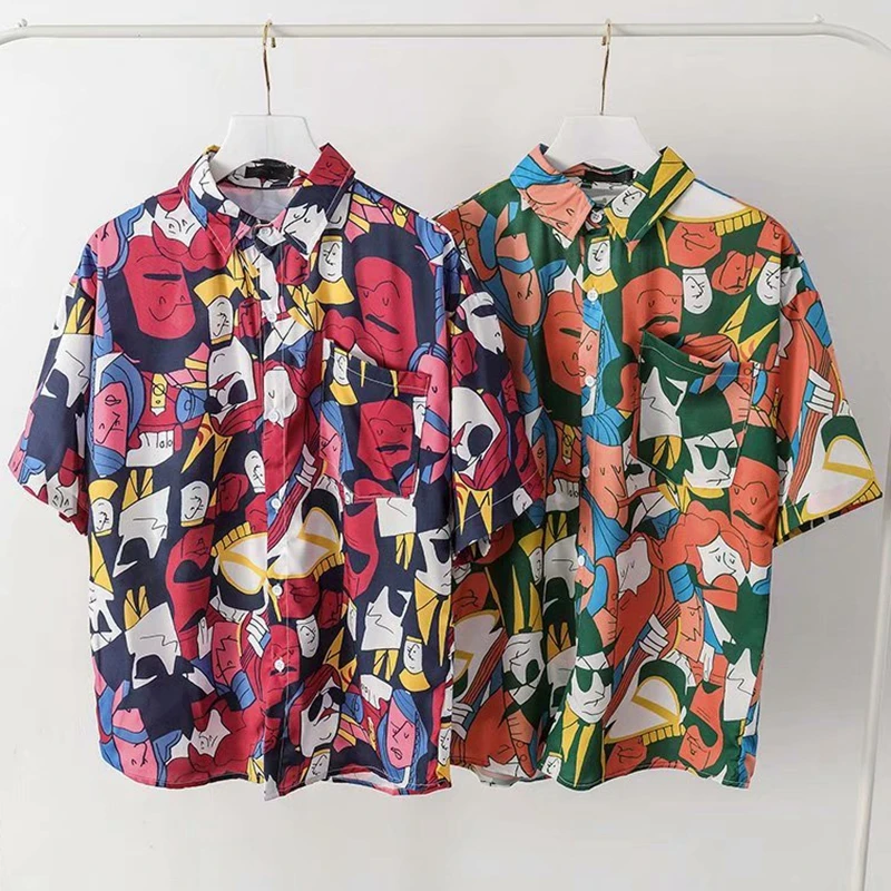 2020 Korean Blouse Men Summer Turn-down Collar Beach Style Blouses Loose Harajuku Short Sleeve Shirt Tops Lovers Clothes M-3XL