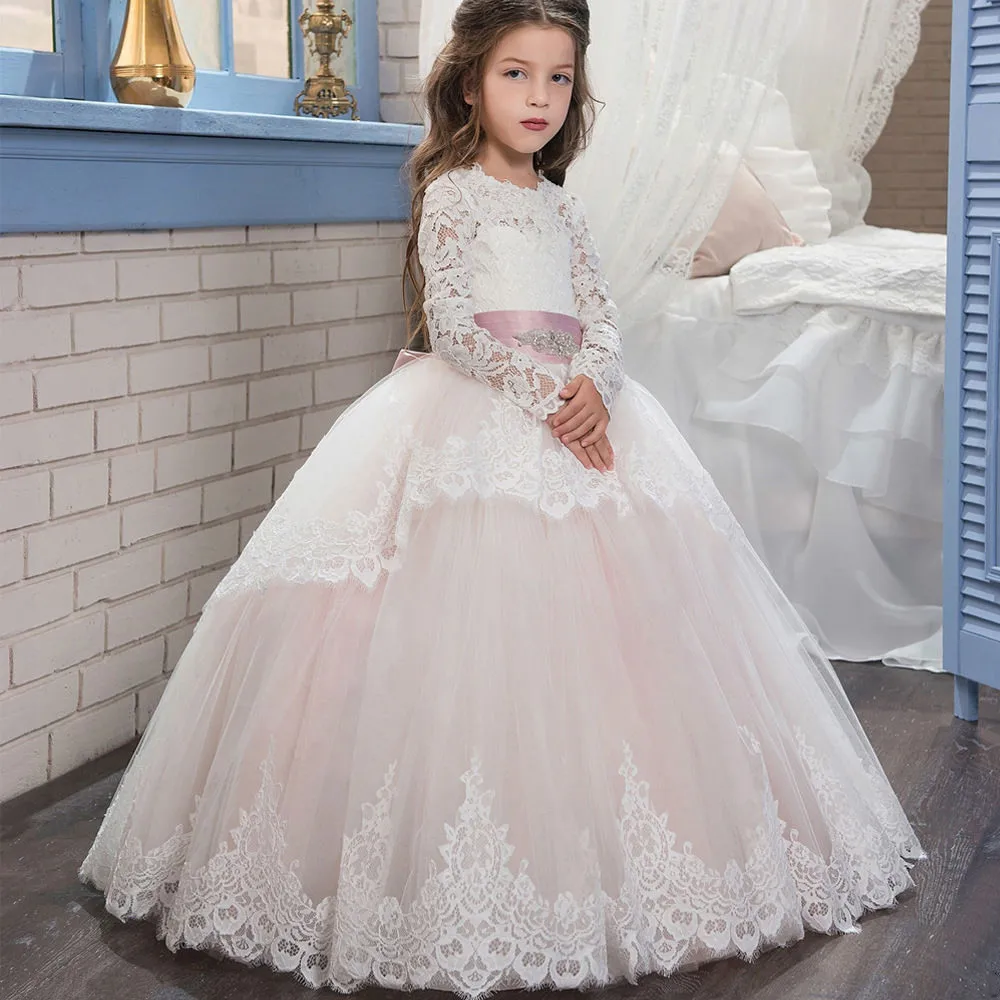 ลูกไม้ดอกไม้สำหรับงานแต่งงานแขนยาว JUNIOR Bridesmaid เด็กชุดราตรีเจ้าหญิงชุด First Communion