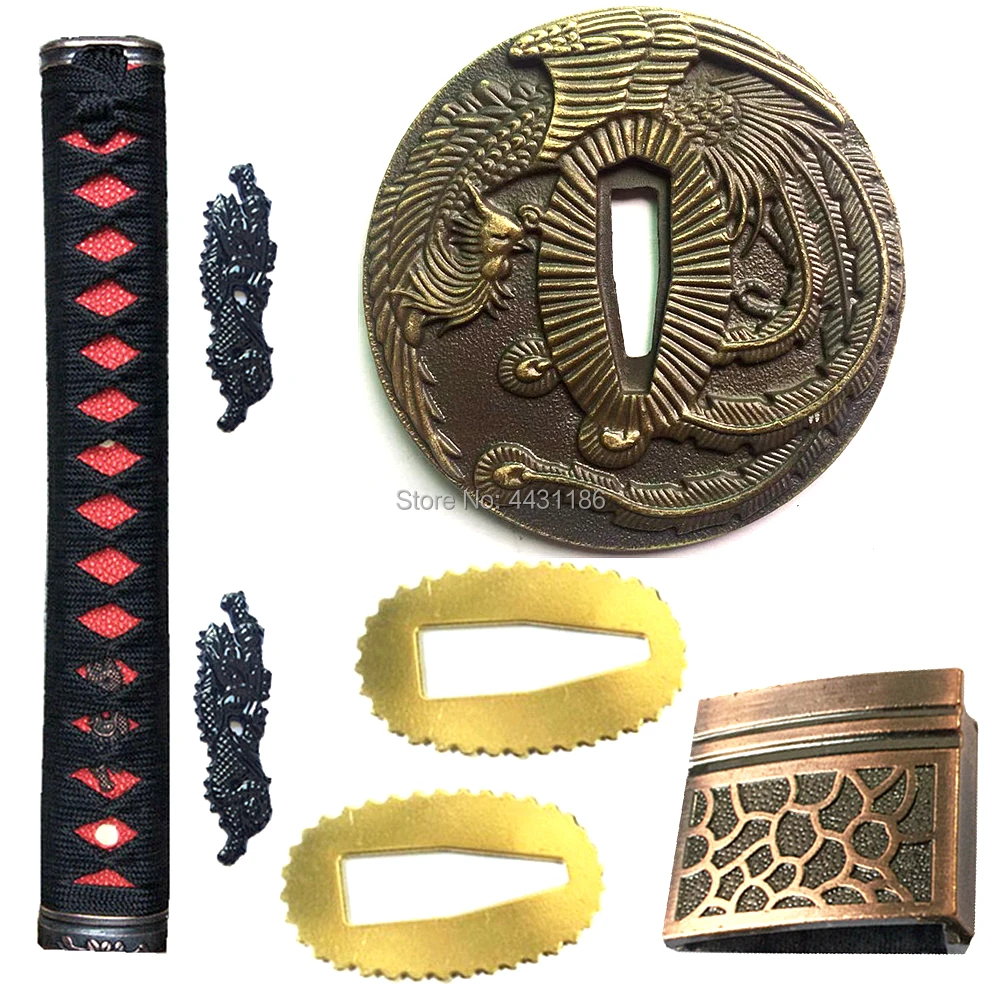 Nice Japanese Samurai Sword Katana/Wakizashi Metal Fittings Set Phoenix Kirsite Tsuba+Menuki+Fuchi+Kashira+Handle+Habaki+Seppa