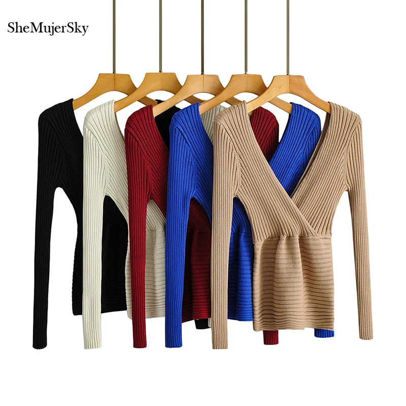 

SheMujerSky Women Long Sleeve Knitted Elastic Slim Red Sweater 2021 Spring Autumn Solid Color Backless V-neck Tops