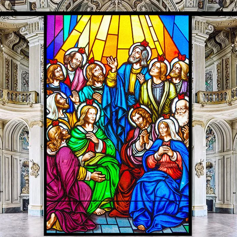 

50x90cm European Style Church Art Glass Film Stained Window Sticker Home Office Bathroom Privacy Window Film Static Stickers