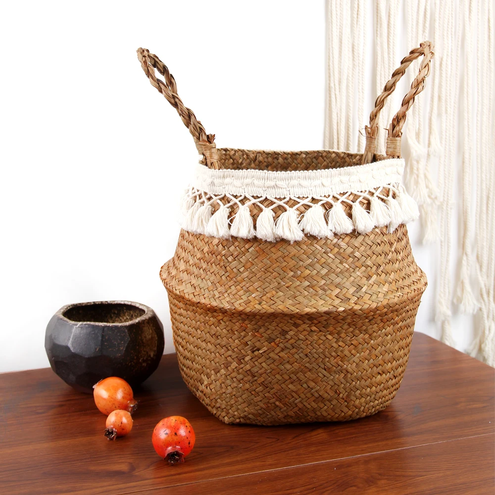 Fringed Macrame Woven Basket Folding Decorative Basket Garden Flower Pot Rattan Basket Home Organization Laundry Basket