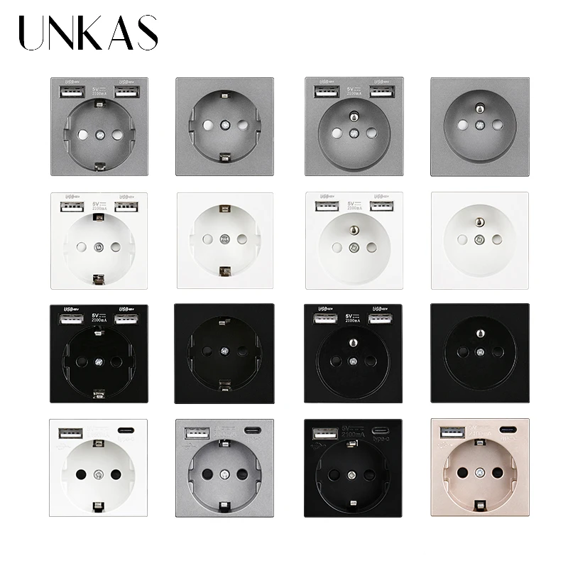 

UNKAS B8 Modules DIY Free Combination New EU / French Type C 16A Wall Power Socket Dual USB Charger Port Hidden Soft LED Outlet