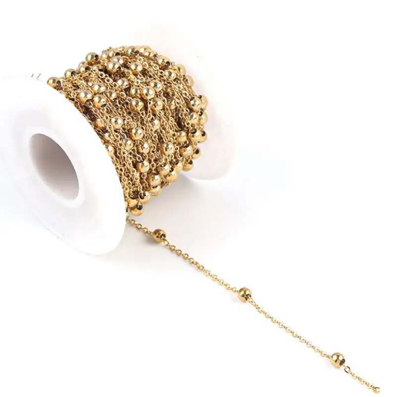 

SAUVOO 10Yard Gold Color Stainless Steel Satellite Ball Bead Solder Flat Cable Chain 1.5 2mm Link 4mm Ball Beaded Necklace Chain