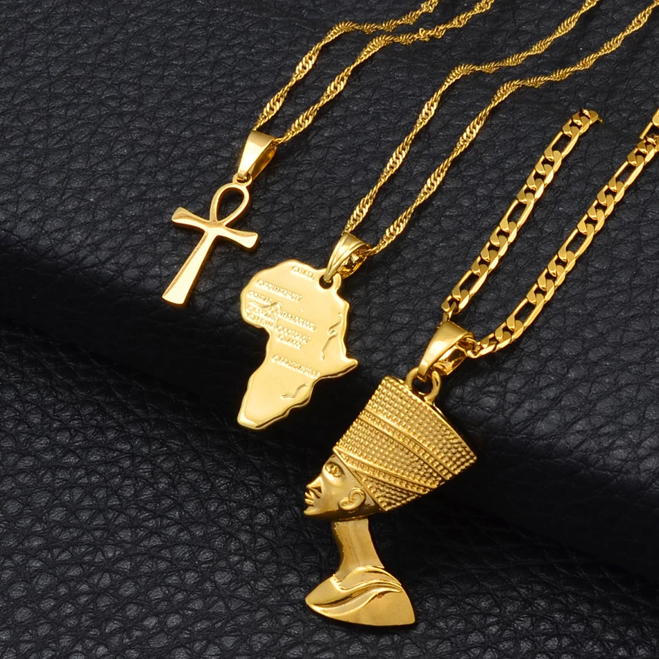 Anniyo 3pcs Necklaces Together Ankh Nefertiti Africa Map Pendant Gold/Silver Color Birthday Party Ethnic Jewelry Women #244606