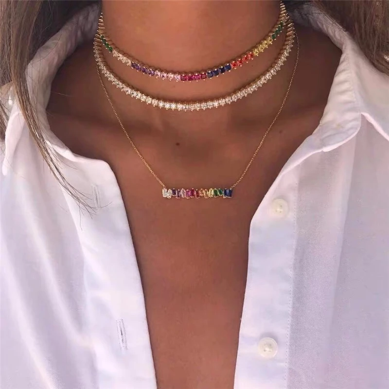Christmas Gift Rainbow CZ Shiny Waterdrop Choker Drop Charm Necklaces Charming Woman Wedding Party Birthday Choker Jewelry