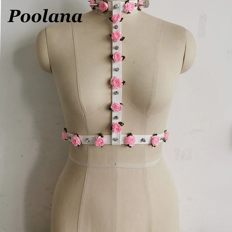 100% Handmade Cosplay Pink Rose Flowers Choker Belt attach to Waist Belt Cute Lolita Kawaii Harajuku Outfit Stage Performance