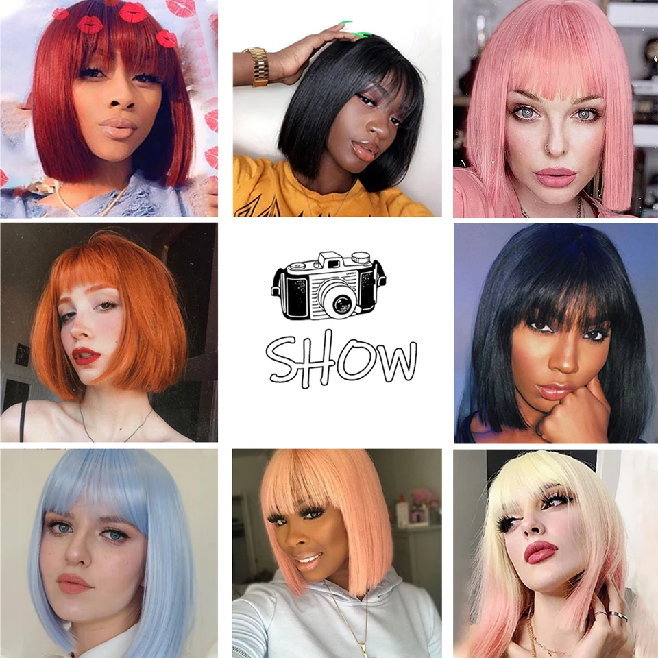 Synthetic wig Short Pink Bob Wig With Bangs for Women Bob Wigs Black Pink Purple Wig for Party Daily Use Shoulder Length