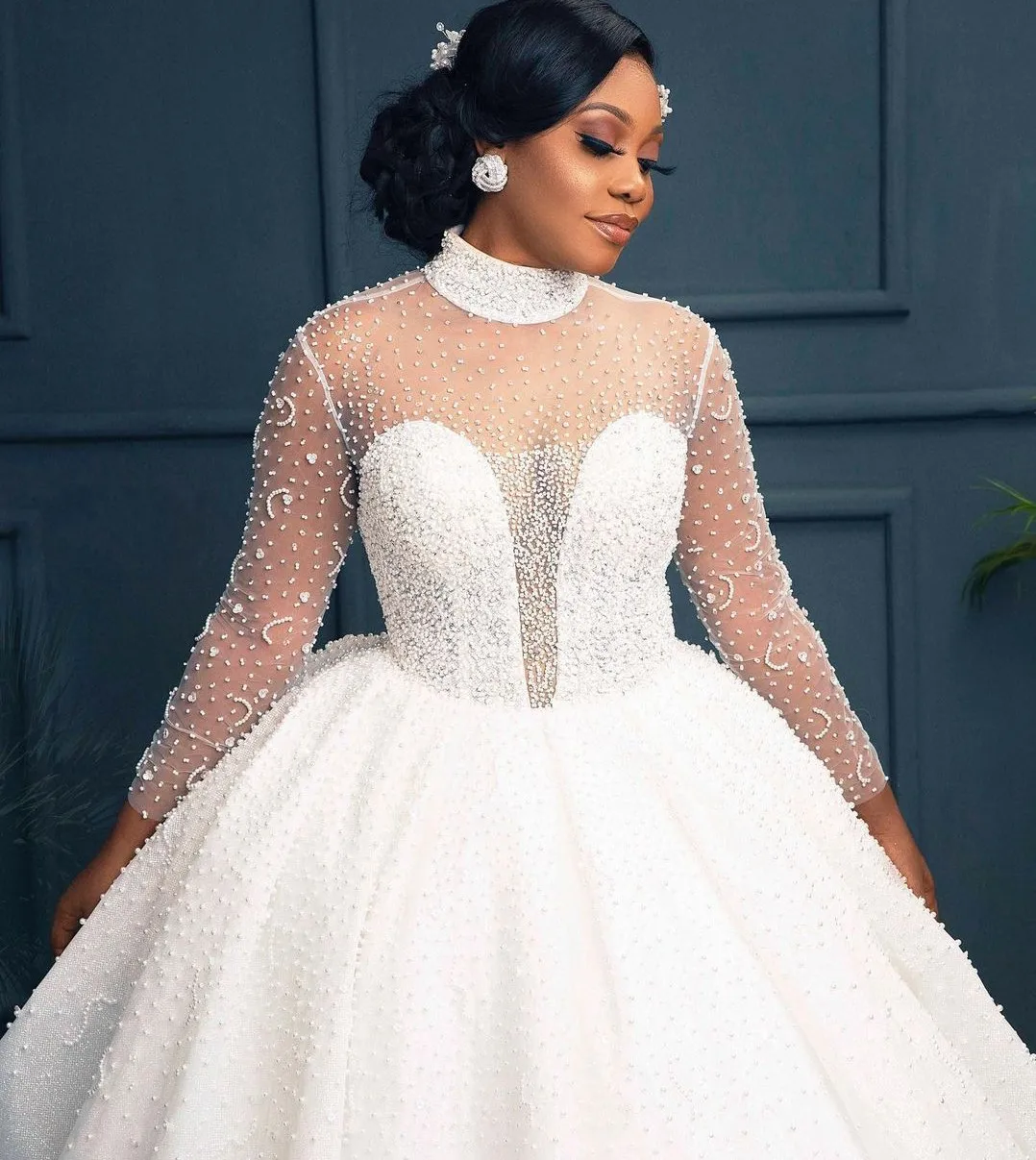 2025 árabe Dubai lujo lentejuelas vestidos De novia nupciales ilusión De perlas cuello alto vestidos De novia africanos nuevo bata De Mariee