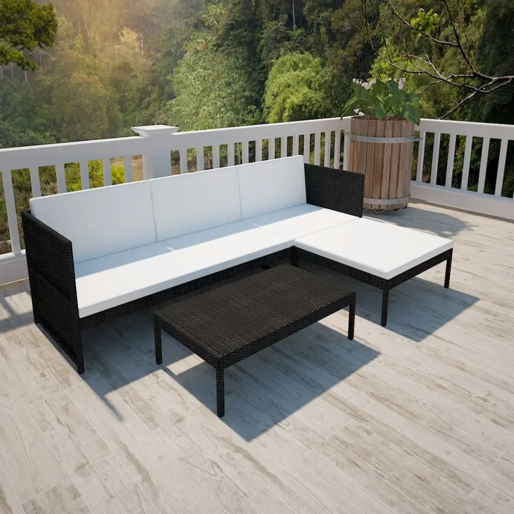 3pcs Outdoor Patio Garden Lounge Set Black Poly Rattan Wicker with Coffee Table&White Sofa Cushioned[US-Stock]