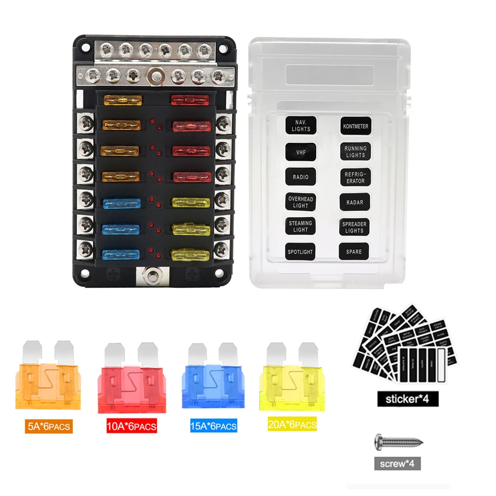 12V 32V 12Way Fuse Box With Negative Busbar Plastic Cover Fuse Box Holder M5 Stud With LED Indicator Suitable For Car Truck Ship