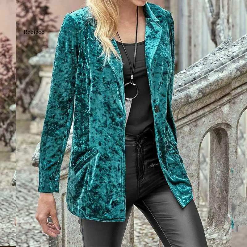 

Women's Velvet Blazer Jacket Female Suit Spring Autumn New Solid Lapel Pocket One Button Casual Female Jacket Women Blazer