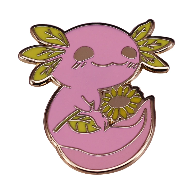 Axolotl Emaille Pin Nette Baum Elf Brosche Grüne Blätter und blume abzeichen rosa tier Schmuck