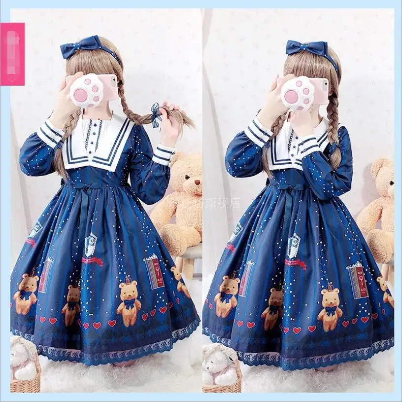 Lolita-vestido de corte Vintage con estampado de oso para niña, Vestido de manga larga con lazo, estilo Lolita, Kawa, Elorita