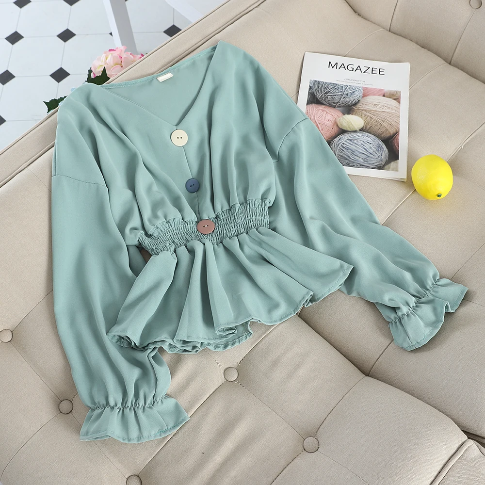 2024 Women Flare Sleeve V-Neck Basic Chiffon Ruffles Shirt Chic Lady Elastic Slim Cardigan Button Pleated Pullover Blouse Tops