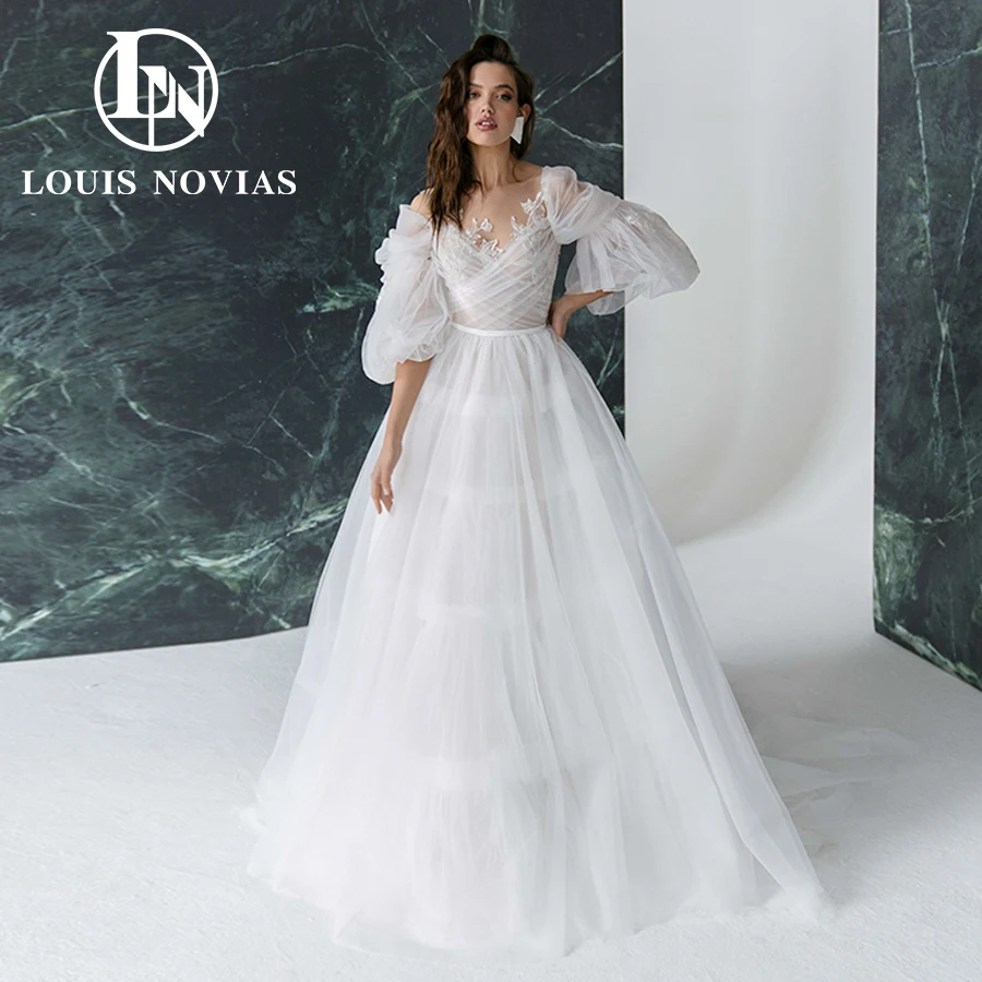 

LOUIS NOVIAS A-Line Wedding Dress With Folden Sweetheart Bride Dresses Elegant Puff Sleeve Tiered Bridal Gown Vestidos De Novia
