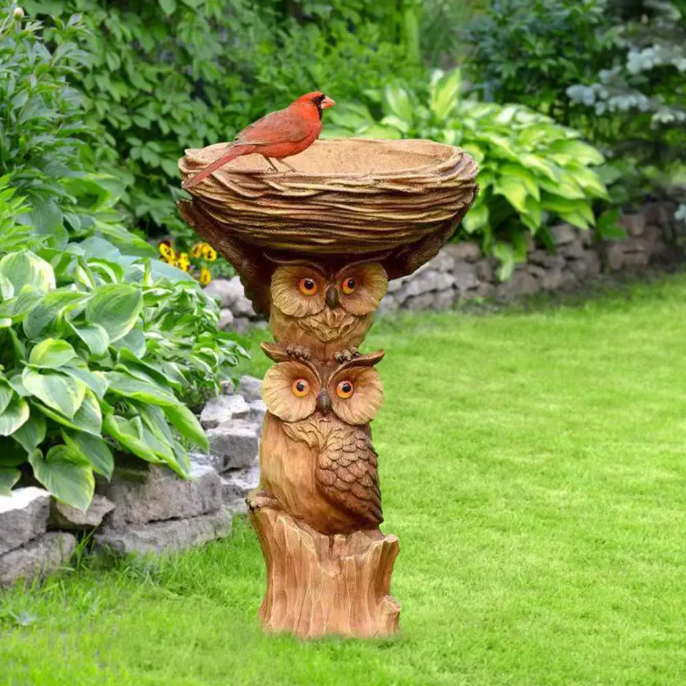 Coruja De resina y pájaros, baño De pájaros, jardín, patio, adorno De césped, comedero De pájaros, decoración De jardín, Fuente De Agua al aire libre, Solaire