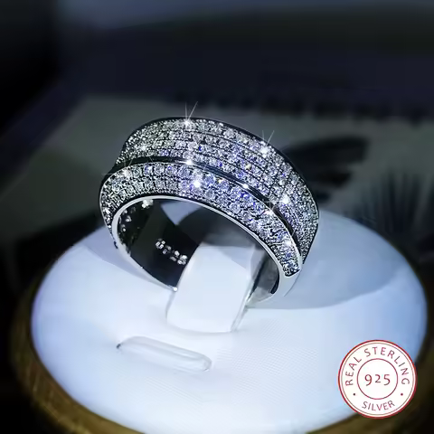 Luxury Exquisite White Zircon Full Diamond Ring For Ladies Couple 925 Sterling Silver Fashion Ring Party Birthday Jewelry Gift