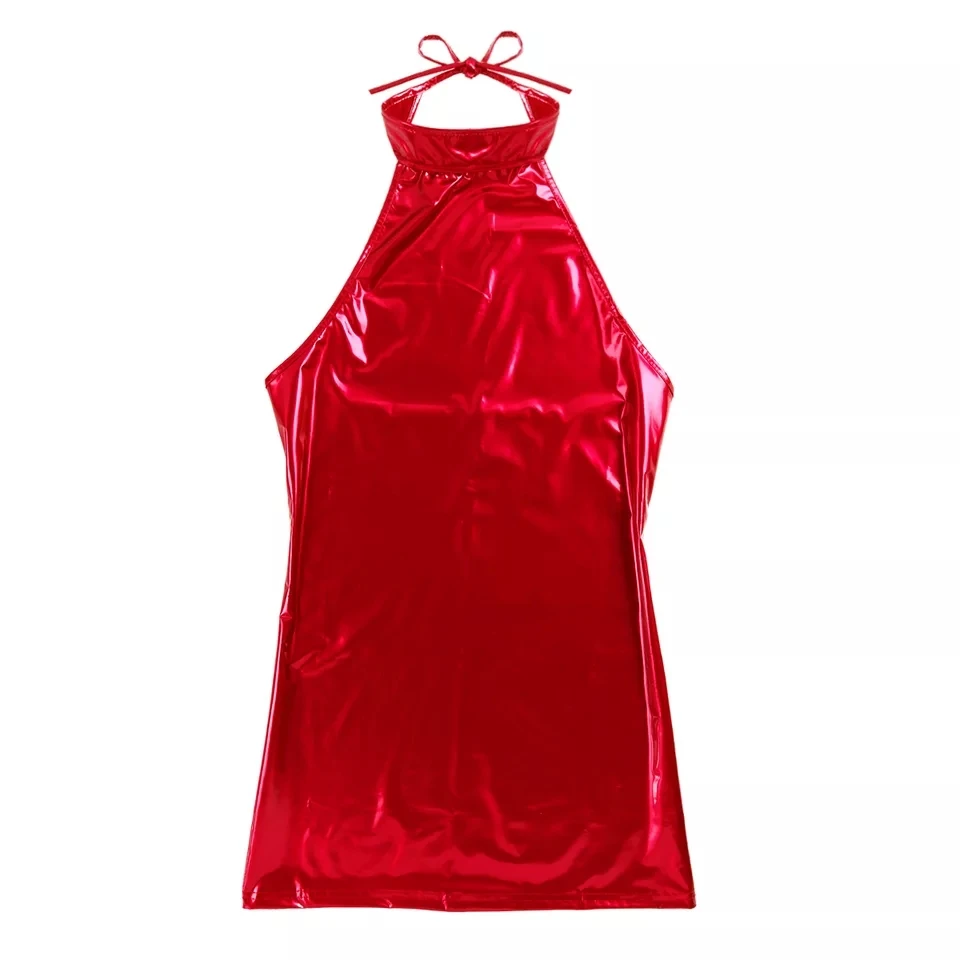 Sexy Wetlook Leather Mini Dress Erotic Shiny Patent Leather Sheath Bag Hip Skirt Glossy Shaping Backless Halter Neck Dress Sexi