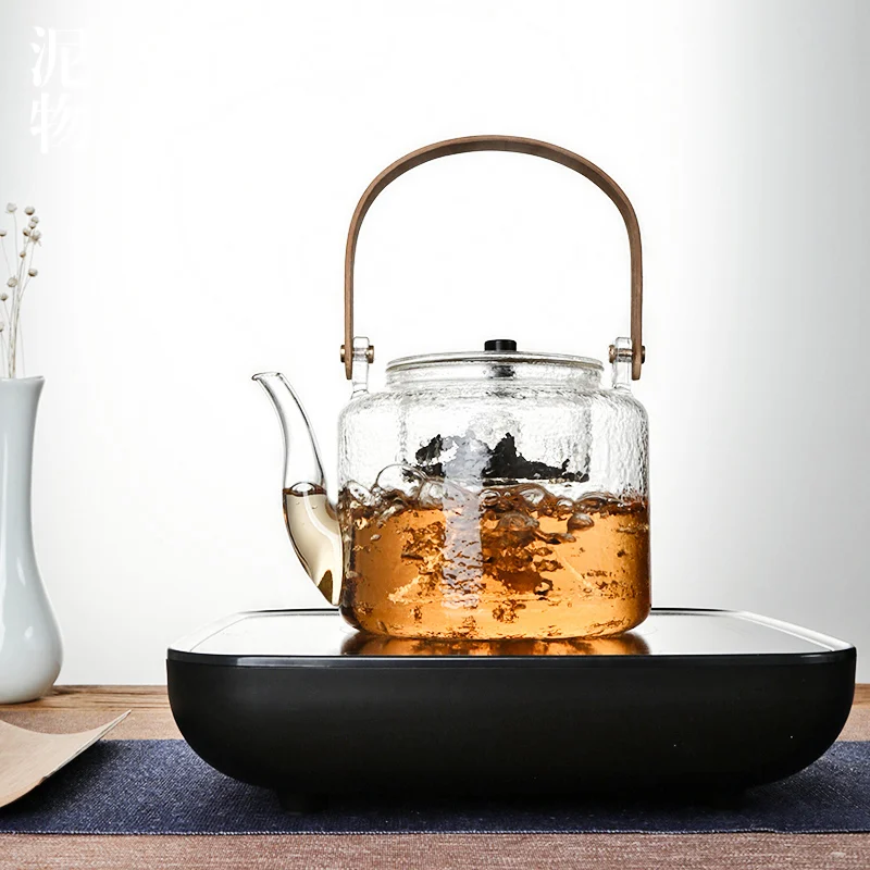 hammer pattern heat resistant glass tea set filter bubble teapot bamboo handle lifting beam pot kungfu tea set  WY815