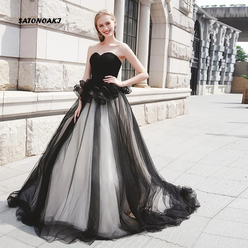 

Vestidos De Novia Vintage Black Wedding Dress Sweetheart Pleated Tulle Sleeveless A-Line Bridal Gown Robe Mariée Sukienka France