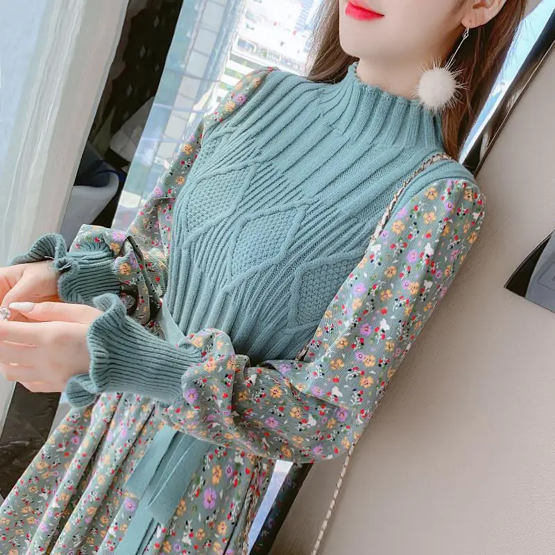 Women\'s Knitted Dress Autumn Winter New Long SleeveCorduroy Floral Dress Female Elegant Sweater A-line Long Veatidos Belt H177