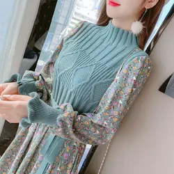 Women's Knitted Dress Autumn Winter New Long SleeveCorduroy Floral Dress Female Elegant Sweater A-line Long Veatidos Belt H177