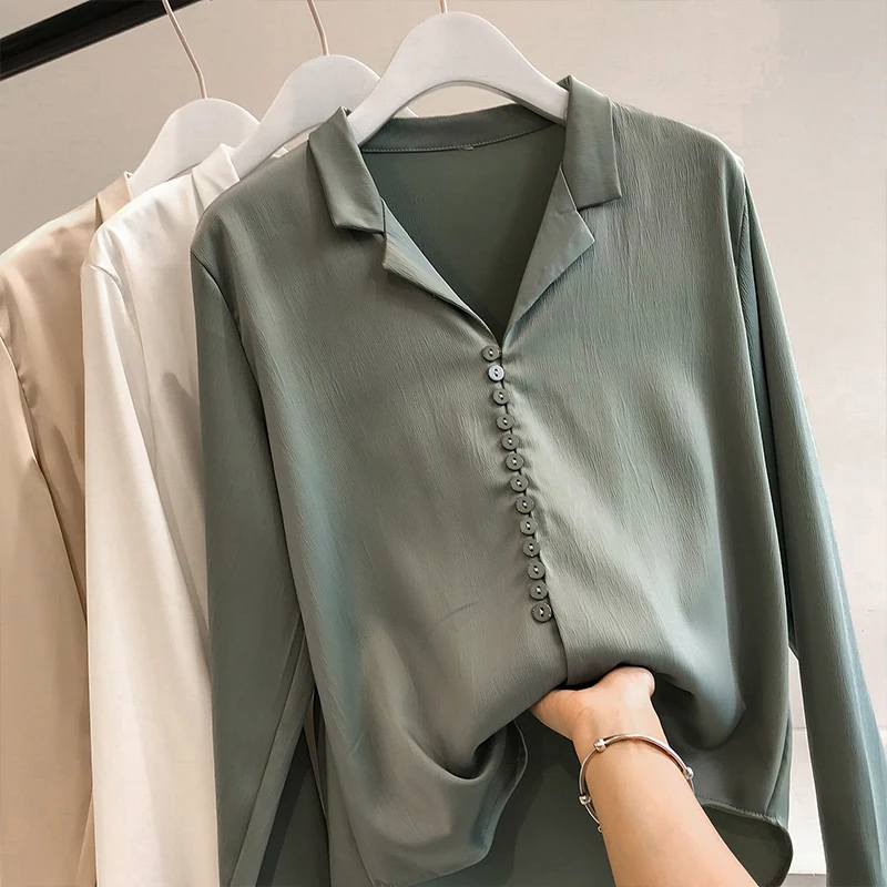 Women Solid Long Sleeve Chiffon Tops Female Casual Turn-down Collar Blouses Office Lady Korean Button Shirts Blusas Mujer