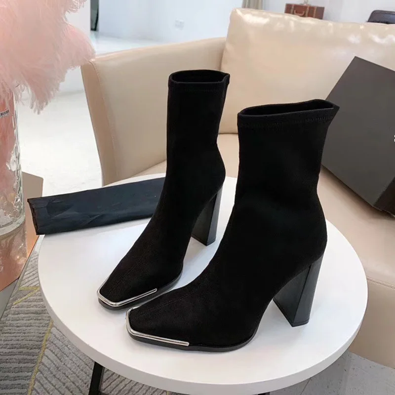 Autumn / Winter Square Head Metal Toe 9cm High Heel Short Boots Women Thick Heel Medium Tube Elastic Socks Boots Boots