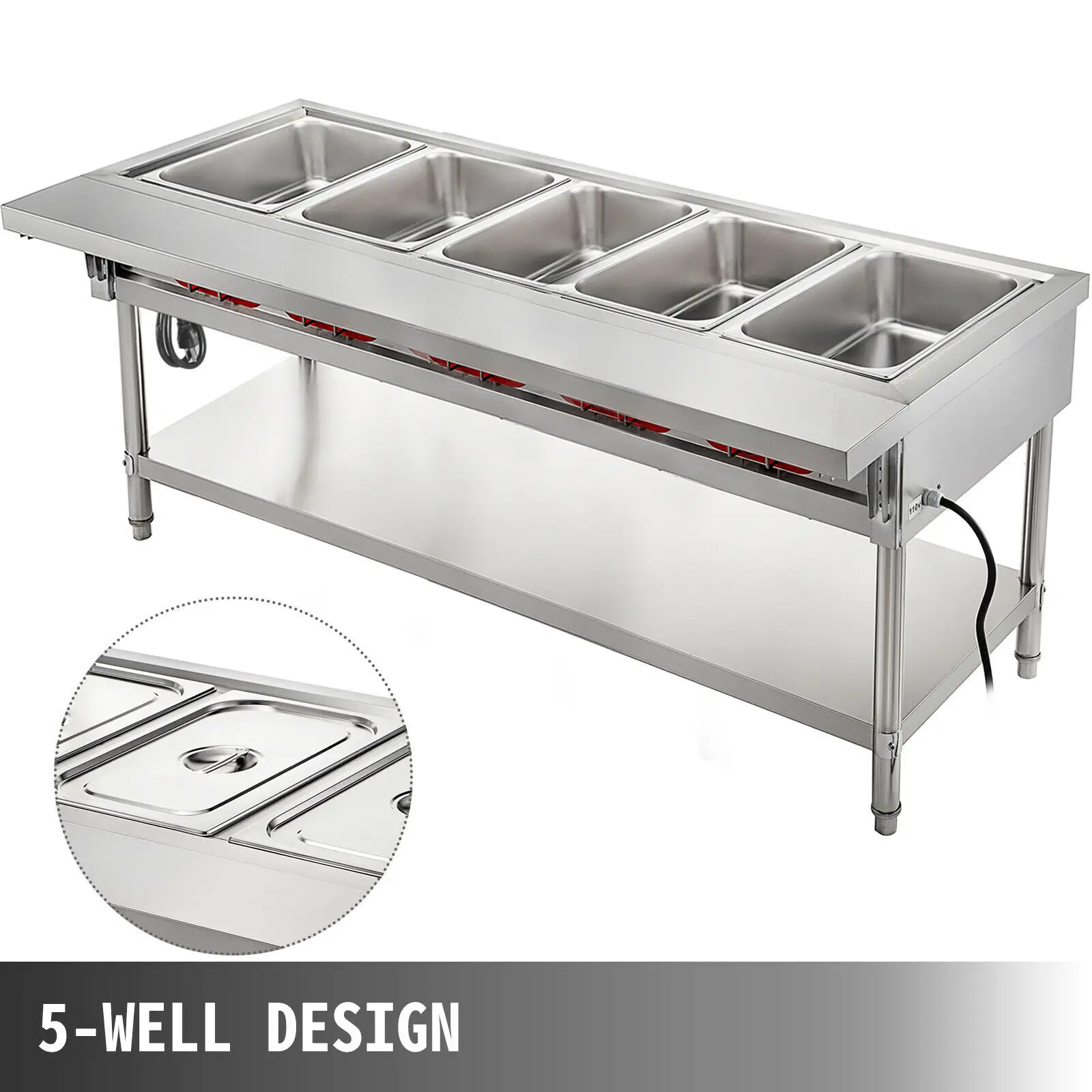 VEVOR Electric Steam Table Food Warmer Stand Stainless Steel Foldable for Restaurants Canteens Catering Holding Food Commercial