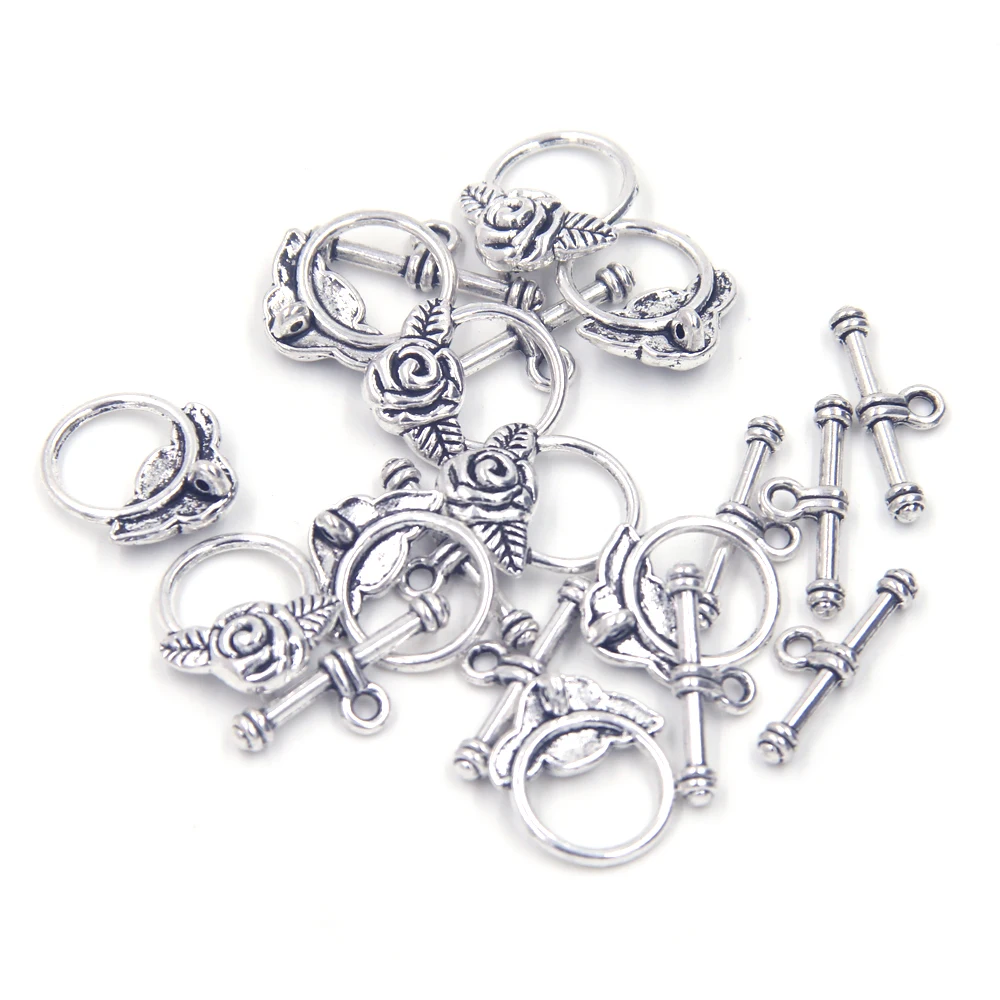 10Sets Toggle Clasps Lock Key Flower Silver Bronze Tone Metal Fit Charm Bracelets Jewelry DIY Findings