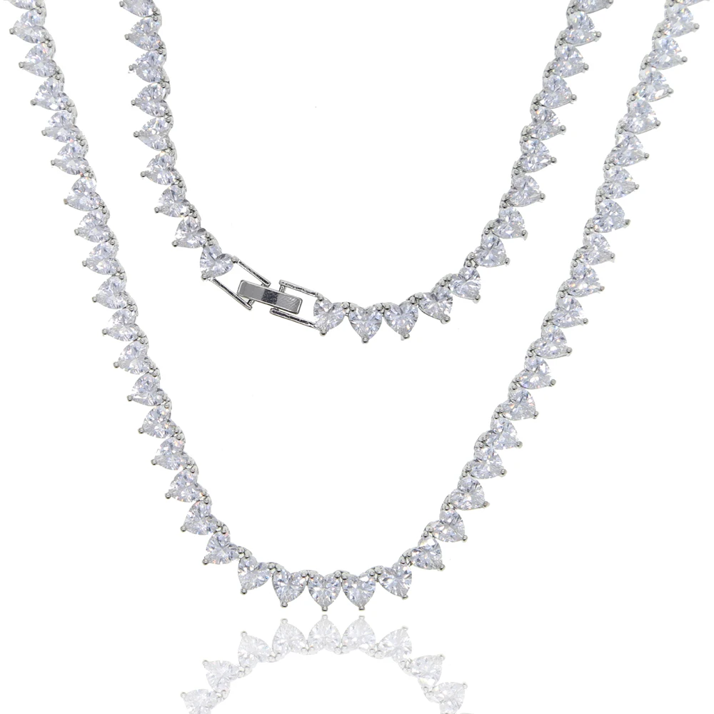 Iced Out Bling CZ Zircon 6mm Tennis Chain Heart Charm Necklace Gold Silver Color CZ Hearts Choker Women Hip Hop Fashion Jewelry
