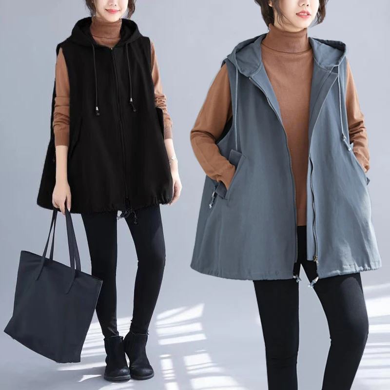 

Korean Version Large Size Loose Casual Hooded Wild Mid-length Sleeveless Waistcoat Coat Autumn 2024 New Women Solid Color Jacket