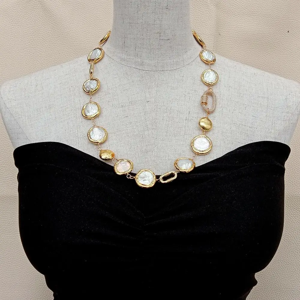 Y.YING  natural  White Coin freshwater Pearl Electroplated Edge wrap Necklace