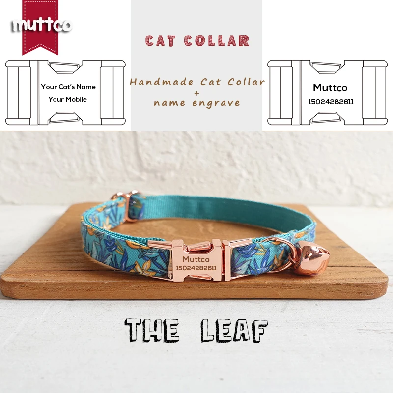 MUTTCO retail handmade engraved high quality metal buckle collar for cat THE LEAF design cat collar 2 sizes UCC066M