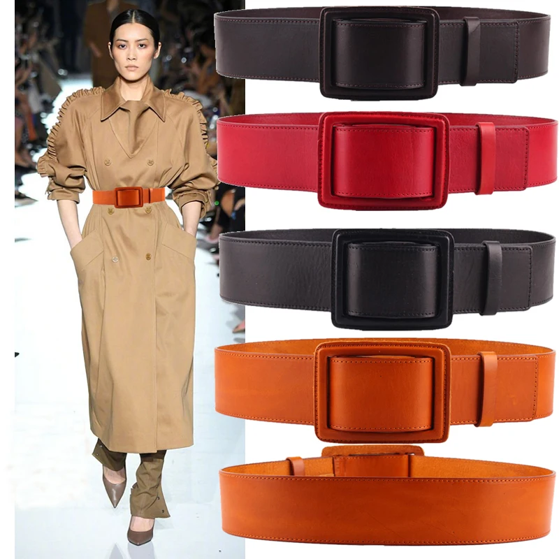 Western Cow Leather Square Buckle Women Cummerbunds Fashion Genuine Leather Dress Thick Coat Women Wide Belt