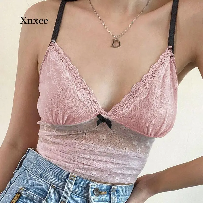 Pink Stitching Lace Deep V Neck Women Tank Sling Backless Perspective Mesh Female Top Vest Temperament Casual Solid Slim Tops