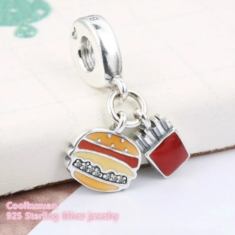 

Summer 925 Sterling Silver Burger & Fries Dangle Charm, Red, Golden & Yellow Enamel Beads Fit Pandora Charms Bracelet DIY