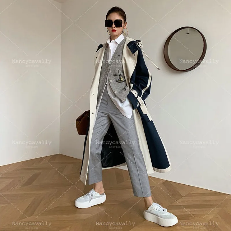 New Women Korea Long Sleeve Windbreaker Overcoats Ladies Chic Patchwork Design Long Trench Outerwear Plus Size